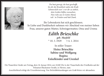 Traueranzeige von Edith Brieschke von Medienhaus Bauer